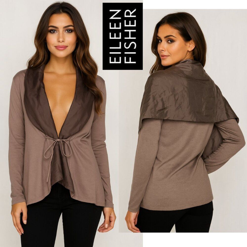 Eileen Fisher Silk, Brown Open Font, Cape, Cardigan. (3 cuts on fabric, hidden)